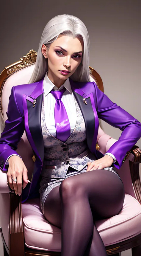 1 woman, SFW, perfect lighting, seios grandes,
gray hair
Sindels Hair
long hair pulled back
Long, straight hair back
multicolored hair,
Sindel, 8k, perfect hands,((obra-prima)), purple skirt suit, satin suit and tie, (((three-piece suit))), silk dress shir...