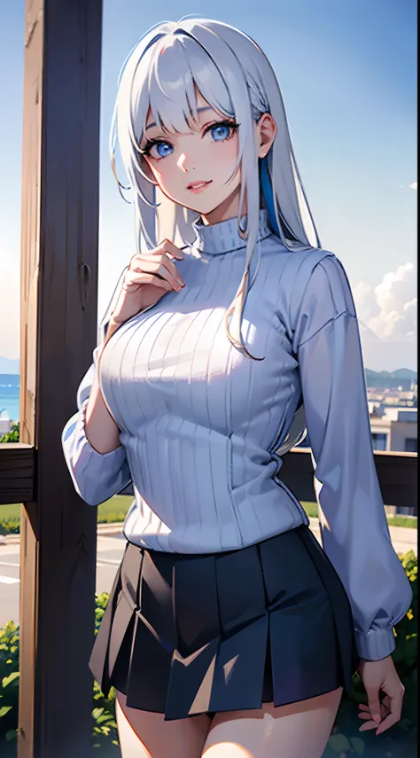 (Best Quality), (8K), (of the highest quality), (realphoto), (photos realistic),Blue sky, Rainbow and sun glow. white  hair、Blue-haired、long、Upstyle、land mines、a black skirt、(1girl in)、white  hair、Lilac glowing eyes、A slight smil、Parted lips、White sweater、