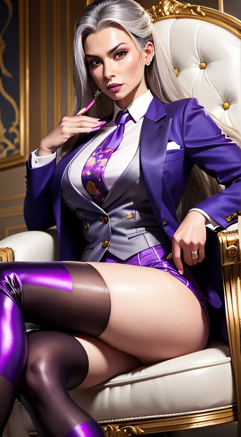 1 woman, SFW, perfect lighting, seios grandes,
gray hair
Sindels Hair
long hair pulled back
Long, straight hair back
multicolored hair,
Sindel, 8k, perfect hands,((obra-prima)), purple skirt suit, satin suit and tie, (((three-piece suit))), silk dress shir...