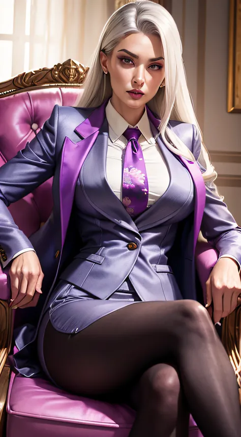 1 woman, SFW, perfect lighting, seios grandes,
gray hair
Sindels Hair
long hair pulled back
Long, straight hair back
multicolored hair,
Sindel, 8k, perfect hands,((obra-prima)), purple skirt suit, satin suit and tie, (((three-piece suit))), silk dress shir...