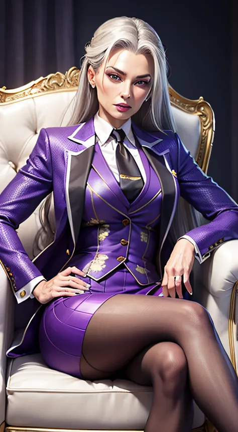 1 woman, SFW, perfect lighting, seios grandes,
gray hair
Sindels Hair
long hair pulled back
Long, straight hair back
multicolored hair,
Sindel, 8k, perfect hands,((obra-prima)), purple skirt suit, satin suit and tie, (((three-piece suit))), silk dress shir...