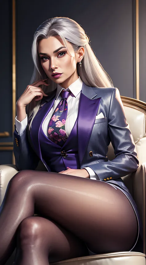 1 woman, SFW, perfect lighting, seios grandes,
gray hair
Sindels Hair
long hair pulled back
Long, straight hair back
multicolored hair,
Sindel, 8k, perfect hands,((obra-prima)), purple skirt suit, satin suit and tie, (((three-piece suit))), silk dress shir...