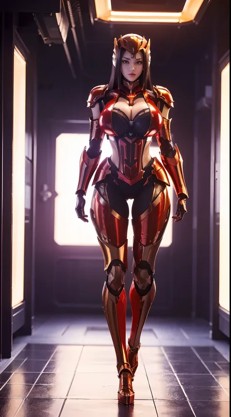 (1GIRL, SOLO), (dark_hair), (Phoenix mecha helm:1.2), (BIG BUTTOCKS, MUSCLE ABS, HUGE BOOBS:1.5), (MECHA GUARD ARM:1.3), (red, MECHA CYBER SHINY ARMORED SUIT, CLEAVAGE, MECHA SKINTIGHT PANTS, MECHA GUARD ARMOR LEGS, HIGH HEELS:1.5), (MUSCULAR BODY, SEXY LO...