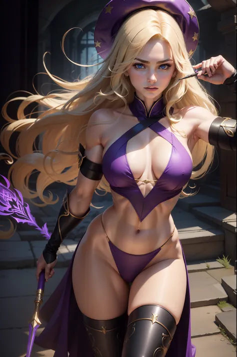 (8K,Photorealsitic　Raw photography　top-quality;1.4) 　(1girl in)　Super beauty　(Lifelike face)　Muscular and macho female body　(Blonde with long curls)　Hold up a black and red magic wand　combat scene　Magic hat with black and purple and gold exterior　Beautiful...