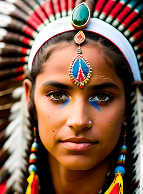 Beautiful Indian Native American Woman, olhos bem definidos, Angle of the face from the front, with few marks of indigenous paint on his face, vista de frente, realista, hiper realista, olhar sedutor, with Native American Indian headdress, cocar de penas, ...