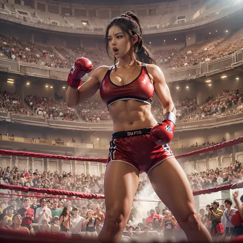 8k, best quality, masterpiece, realistic, real person, Unity 8k wallpaper, (1 girl) , Beautiful eyes, (Delicate face) , Perfect detail, (best lighting) , (super complex details) , (boxing girl) , (sexy), sweat, heavy breathing, ((screaming with big mouth o...