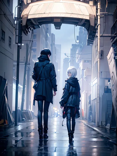 ((4K works))、​masterpiece、(top-quality)、One Beautiful Girl、Slim body、tall、((Black Y-shirt and white pants、Charming street style))、Please wear one jacket、Wearing a hood to hide his face、(Detailed beautiful eyes)、Midnight Walk、During the walk、((Walking under...