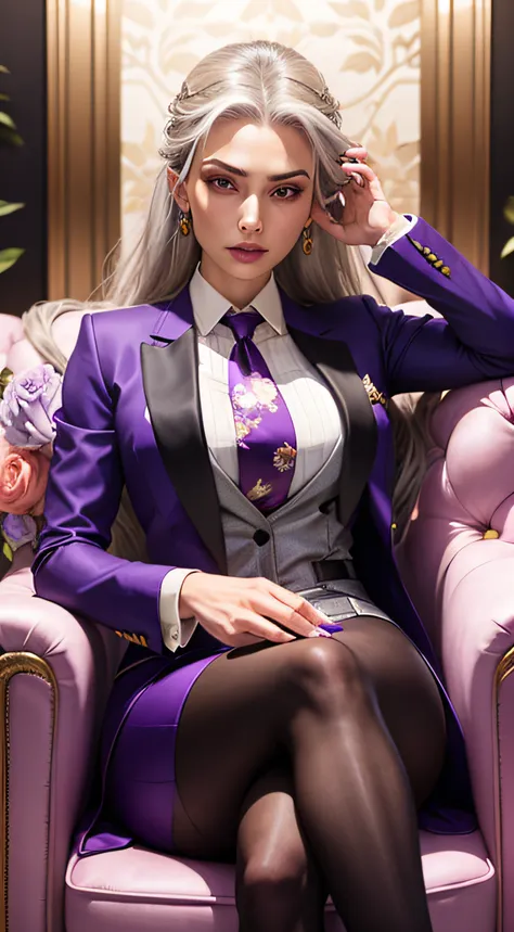 1 woman, SFW, perfect lighting, seios grandes,
gray hair
Sindels Hair
long hair pulled back
Long, straight hair back
multicolored hair,
Sindel, 8k, perfect hands,((obra-prima)), purple skirt suit, satin suit and tie, (((three-piece suit))), silk dress shir...