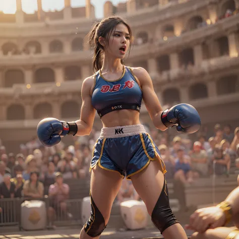 8k, best quality, masterpiece, realistic, real person, Unity 8k wallpaper, (1 girl) , Beautiful eyes, (Delicate face) , Perfect detail, (best lighting) , (super complex details) , (boxing girl) , (sexy), sweat, heavy breathing, ((screaming with big mouth o...