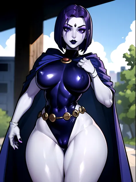 1girl,solo,RavenTT, dynamic post ,navy-blue cloak, brooch, highle leotard , belt,short hair,purple hair, purple eyes,makeup,black lipstick,grey skin,curvy,wide hips,cameltoe,outdoor