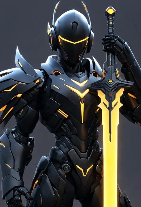 1man. male, solo, wearing black tech armor, holding glowing tech weapon infront of him, holding glowing tech sword, robot wings,...