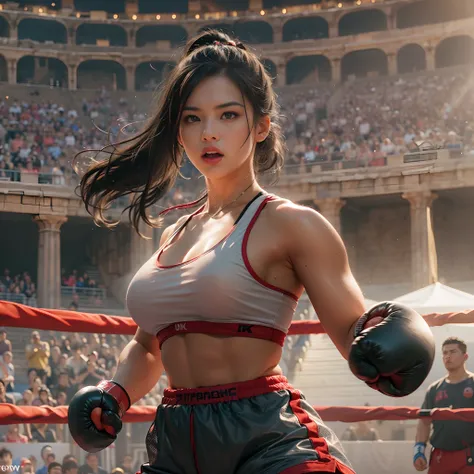 8k, best quality, masterpiece, realistic, real person, Unity 8k wallpaper, (1 girl) , Beautiful eyes, (Delicate face) , Perfect detail, (best lighting) , (super complex details) , (boxing girl) , (sexy), sweat, heavy breathing, ((screaming with big mouth o...