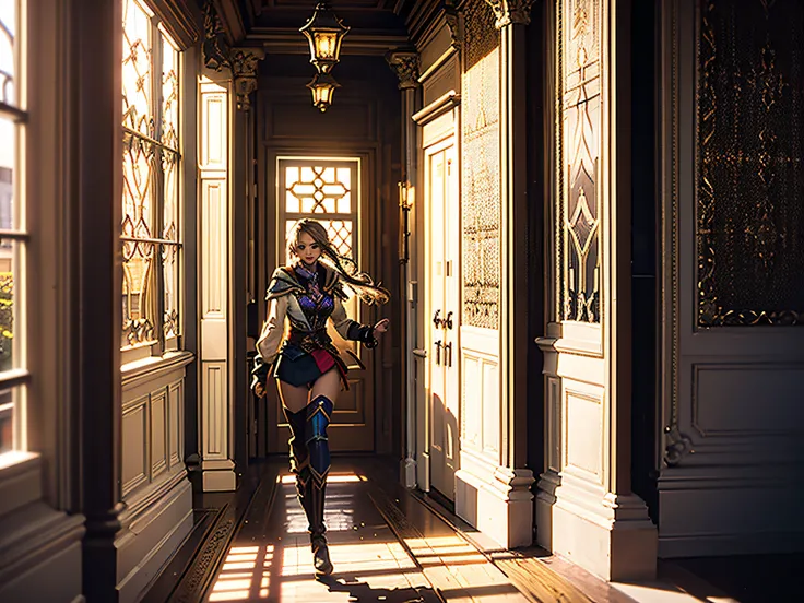 Mansion doorway，one-girl，Rejoice，（），High score running resolution(Photorealistic：1.4) skywind_Movie girl movie texture