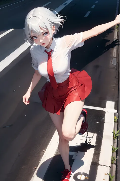 (ultra-realistic, highres, best quality, 4k, professional), happy 1girl running by the puddles in the footpath, 21-year-old girls cool style, beauty eyes, sharp eyes. Her Asymmetric Pixie hairstyle, silver hair, short hair, and left-facing bangs with red h...