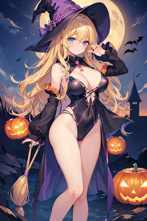 high-level image quality、top-quality、Beautuful Women、1 persons、ssmile、embarassed expression、pony tail hair、swim wears、knee high、Halloween Party、Halloween Cosplay、cinematlic lighting、Beautiful and perfect legs, Clean and perfect hands、Lots of jack-o-lantern...