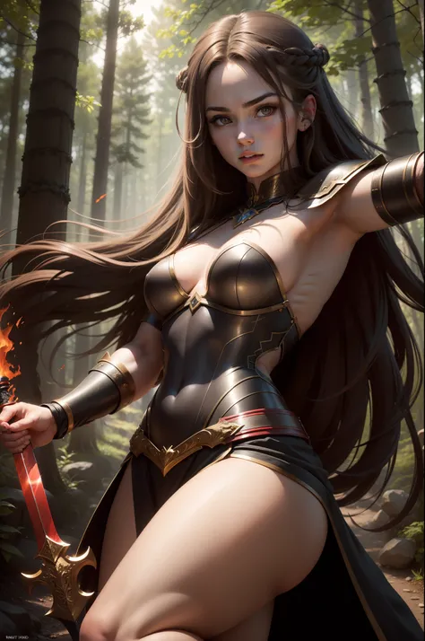 (8K,Photorealsitic　Raw photography　top-quality;1.4) 　(1girl in)　Super beauty　(Lifelike face)　Muscular and macho female body　(Brown hair long hair)　Hold the sword correctly and hold it in front of you　combat scene　Metallic black and red armor　Beautiful expr...