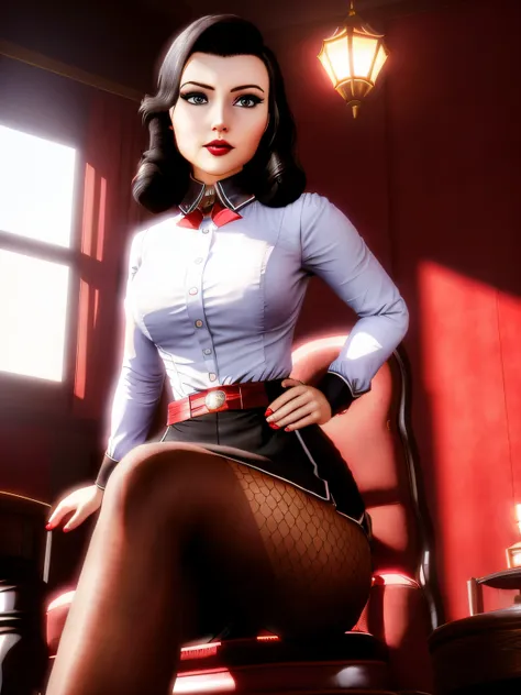 Elizabeth comstock, (heroine uniform: 2), serious look, epic pose, heroic, red lipstick, (8k, RAW photo, best quality, masterpiece:1.2),ultra-detailed, (high detailed skin:1.2), 8k uhd, dslr, soft lighting, high quality, black skirt, upskirt, sitting on ch...