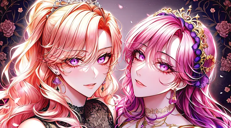 Kuroume_1024, ((shoujo-style, floral background, romance manhwa)), (close up), (2girls aligned:1.2), couple, pink hair, platinum-blonde hair, solo, long hair, flower, dress, thick eyeblows, flower, straight hair, blaid, closed mouth, collarbone, breast, (c...