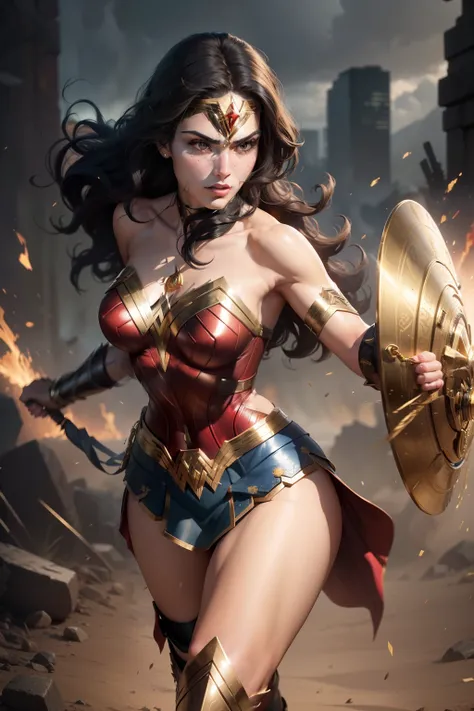 Generate a masterpiece in the best quality, achieving a photorealistic and cinematic appearance with ultra-detailed features, rendered in 8k resolution. The composition should be a wide shot, capturing Wonder Womans full body in a dynamic and powerful pose...