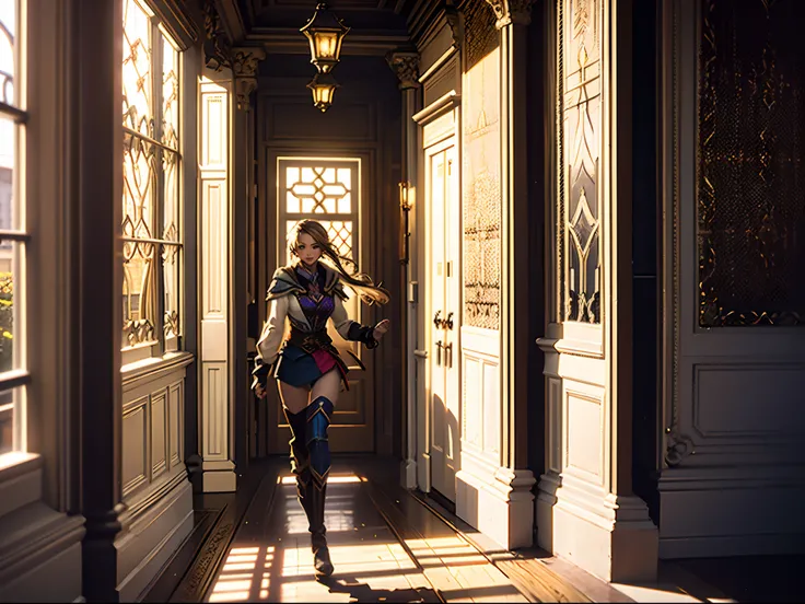 Mansion doorway，one-girl，Rejoice，（），High score running resolution(Photorealistic：1.4) skywind_Movie girl movie texture