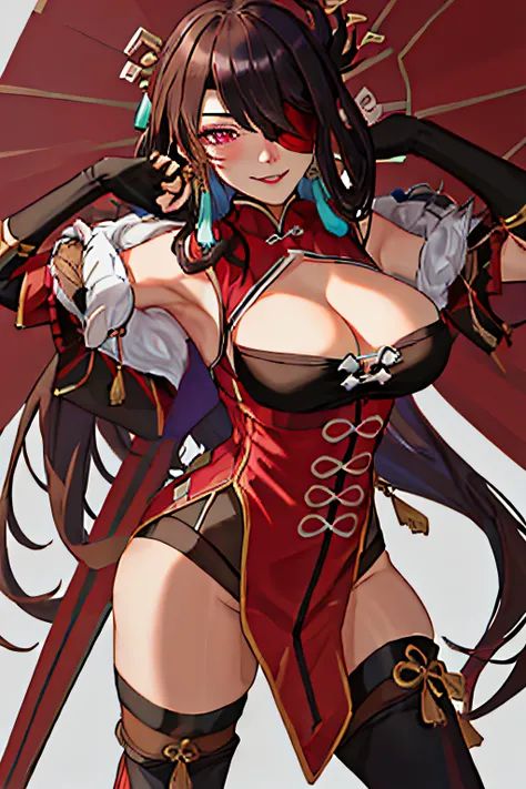 best quality, masterpiece, highres, solo, {beidou_genshin:1.15}, long_hair, eyepatch, red_eyes, brown_hair, hair_ornament, hair_...