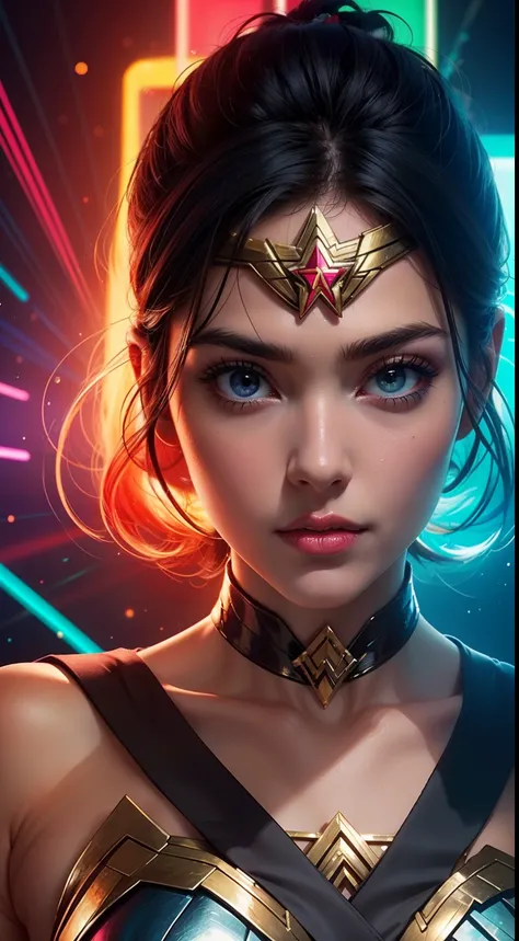 Wonder Woman (big tits) masterpiece, best quality, ((abstract, psychedelic, neon, background)),(creative:1.3), sy3, SMM, fantasy00d