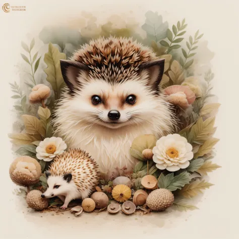 Theres a hedgehog sleeping on a pile of leaves and mushrooms, erizo caprichoso,Ethereal Hedgehog, por Jeka Kemp, Beautiful autumn spirit, autumn, Illustration of fox ears, por Andrée Ruellan, Zorros, Lindo erizo, por Caroline Chariot-Dayez, Animal erizo, T...