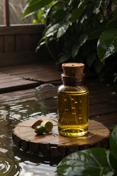 A bottle is shown，It says "Jian Camellia Oil"，It is a tea oil brand。Behind is the surface of the water，In the upper right corner, there is a feeling like drops of oil dripping down