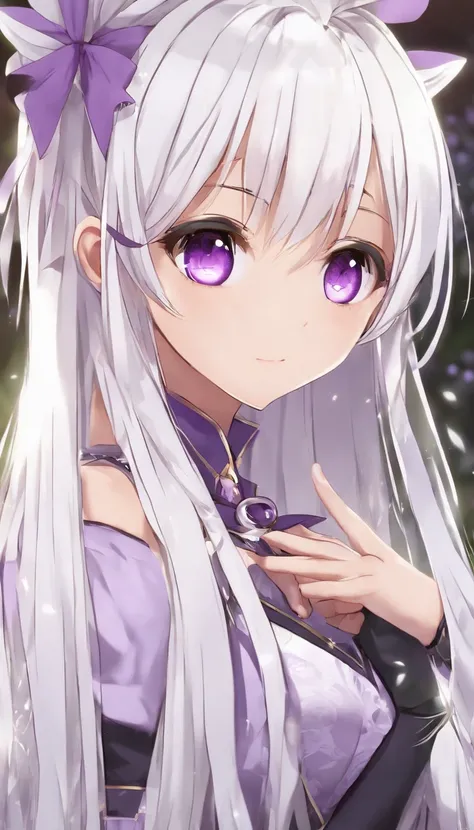 ((Cute loli)), ((purple eyes)), (Long hair), ((white hair)), (((straight hair))), hair between eyes, ((Purple hair ribbon)), flat chest, (Purple Miko), white kneehighs, aroused, fang, (victory pose), looking at the viewer, big smile, (masutepiece:1.2), Bes...