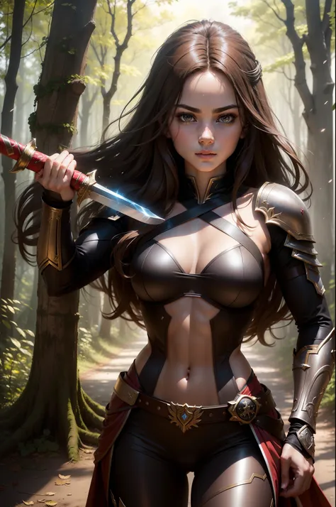 (8K,Photorealsitic　Raw photography　top-quality;1.4) 　(1girl in)　Super beauty　(Lifelike face)　Muscular and macho female body　(Brown hair long hair)　Hold the sword correctly and hold it in front of you　combat scene　Metallic black and red armor　Beautiful expr...