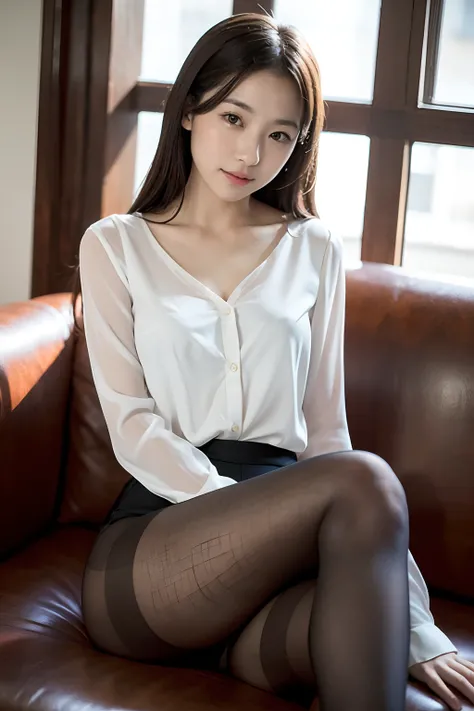 Beauty VN01, there is a woman sitting on a couch with her legs crossed, crossed legs, Sitting on the sofa, In an office conference room、Tempting smile、((Wear ultra-realistic pantyhose))、Wearing a luxury blouse、(Sukesuke Translucent Silk Blouse:1.3), Unbutt...