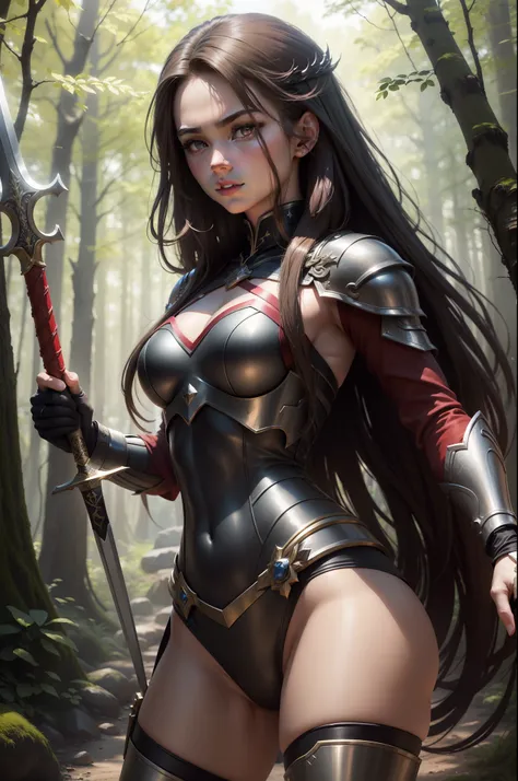 (8K,Photorealsitic　Raw photography　top-quality;1.4) 　(1girl in)　Super beauty　(Lifelike face)　Muscular and macho female body　(Brown hair long hair)　Hold the sword correctly and hold it in front of you　combat scene　Metallic black and red armor　Beautiful expr...