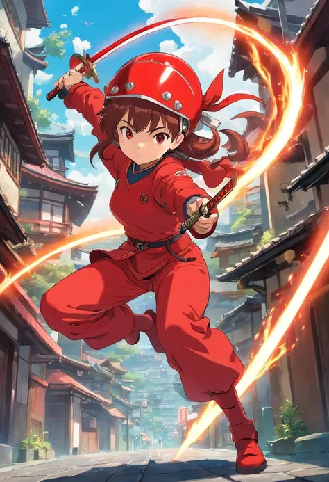 (Best Quality), (masutepiece),Ultra-detailed, Girl with a Red Helmet,Japan red armor,Japanese Katana Sword,Long sleeve, emphasis lines,motion line,(whirling:1.2) , Kamehameha, Charging,Energy Ball, electricity, aura,Old Japan cityscape,Red helmet