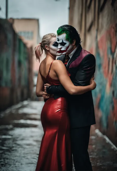 couple portrait photo from a joker hugged pretty harley quinn from behind, joker paint on the face, joker style, harley quinn suit, rain day, wet, looking camera, dynamic romantic poses, dramatic couple portrait photography, urban wall graffiti background,...