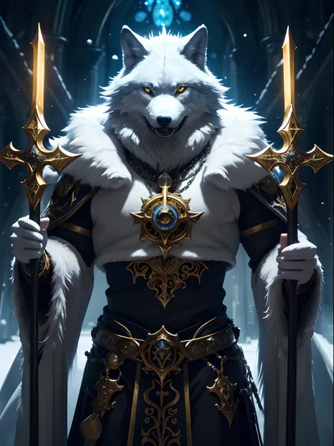 Photorealistic Production, Ultra Realistic Image of an Antropomorphic Wolf Priest, Bright White Fur Covering his Body, Lean Body Builds, Bright Amber Eyes, Intimidating Looking, (Grinning Wolf Face, Showing His Sharp Teeth), Wearing a Black Priest Outfit w...