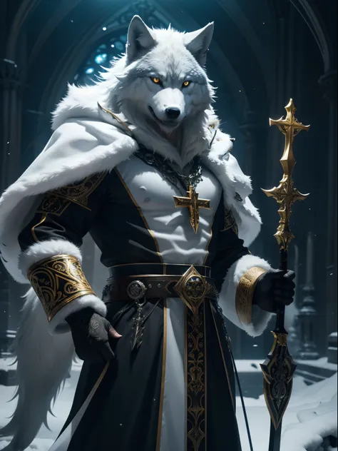 Photorealistic Production, Ultra Realistic Image of an Antropomorphic Wolf Priest, Bright White Fur Covering his Body, Lean Body Builds, Bright Amber Eyes, Intimidating Looking, (Grinning Wolf Face, Showing His Sharp Teeth), Wearing a Black Priest Outfit w...