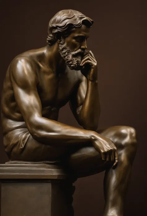 Realistic portrait of a man sitting on a pedestal with one hand on his chin, pensador, O Pensador, Families style, families, Pose de pensador, philosopher, pensante, Augusto Rodin, freudiano, contemplation, Absorto em pensamentos, pensativo, filosofia, con...