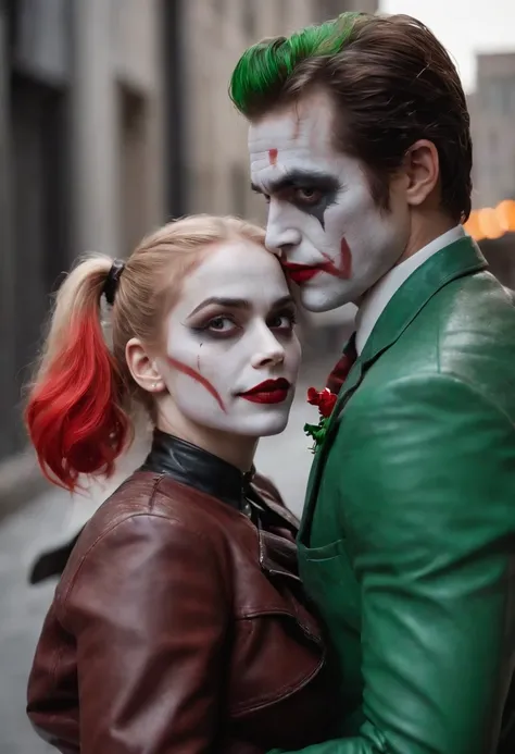 couple portrait photo from a joker hugged pretty harley quinn from behind, joker paint on the face, joker style, harley quinn suit, rain day, wet, looking camera, dynamic romantic poses, dramatic couple portrait photography, urban wall graffiti background,...