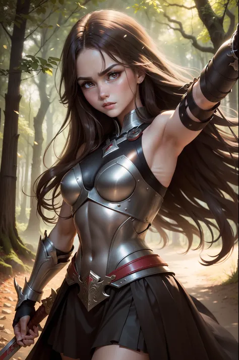 (8K,Photorealsitic　Raw photography　top-quality;1.4) 　(1girl in)　Super beauty　(Lifelike face)　Muscular and macho female body　(Brown hair long hair)　Hold the sword correctly and hold it in front of you　combat scene　Metallic black and red armor　Beautiful expr...