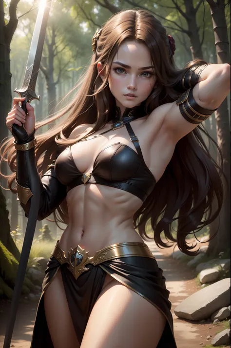 (8K,Photorealsitic　Raw photography　top-quality;1.4) 　(1girl in)　Super beauty　(Lifelike face)　Muscular and macho female body　(Brown hair long hair)　Hold the sword correctly and hold it in front of you　combat scene　Metallic black and red armor　Beautiful expr...