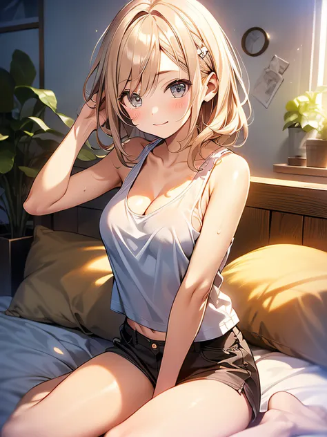 in 8K、top-quality、​masterpiece、ultra-detailliert、Ultra-high resolution、((1 persons))、girl with、White tank top、a blond、makeups、shirt、cleavage of the breast、Sit on the bed