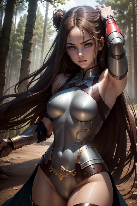 (8K,Photorealsitic　Raw photography　top-quality;1.4) 　(1girl in)　Super beauty　(Lifelike face)　Muscular and macho female body　(Brown hair long hair)　Hold the sword correctly and hold it in front of you　combat scene　Metallic black and red armor　Beautiful expr...