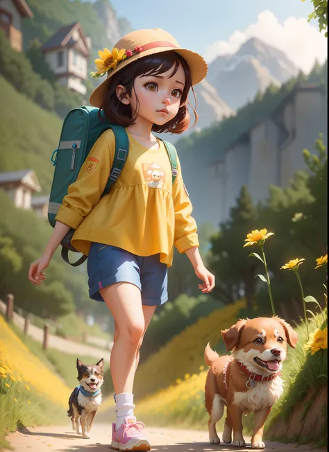 there is a girl walking with a dog on a path, adorable digital painting, childrens art in artstation, artwork in the style of guweiz, cute detailed digital art, atey ghailan 8 k, adventure hyper realistic render, by Leng Mei, realistic anime 3 d style, fem...