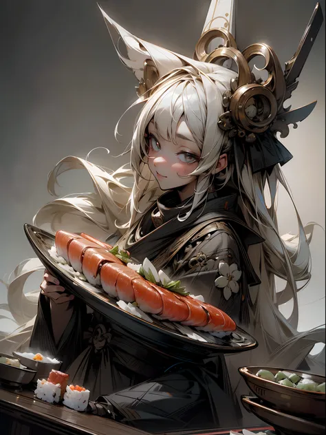 (A hyper-realistic), (Illustration), (High resolution), (8K), (Very detailed), (Best Illustration), (Beautiful and detailed eyes), (Best Quality), (ultra-detailliert), (masuterpiece),beatiful sushi master woman,