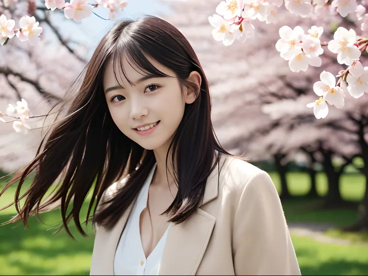 (Close up portrait of one girl with slender small breasts and long hair in spring coat and cloth :1.5)、(Girl turn around with a small smile、the hair flutters with the wind :1.5)、(Rows of cherry blossom trees in full bloom and cherry blossom petals dancing ...