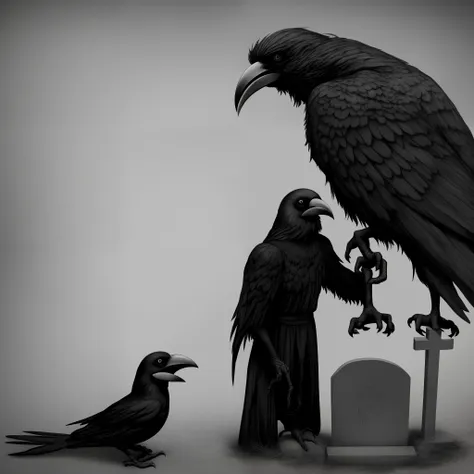 grave talk black and white simple monster and crow