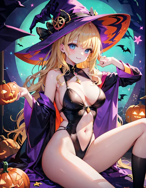 high-level image quality、top-quality、Beautuful Women、1 persons、ssmile、embarassed expression、pony tail hair、swim wears、knee high、Halloween Party、Halloween Cosplay、cinematlic lighting、Beautiful and perfect legs, Clean and perfect hands、Lots of jack-o-lantern...