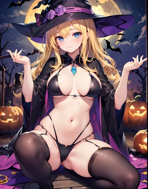 high-level image quality、top-quality、Beautuful Women、1 persons、ssmile、embarassed expression、pony tail hair、swim wears、knee high、Halloween Party、Halloween Cosplay、cinematlic lighting、Beautiful and perfect legs, Clean and perfect hands、Lots of jack-o-lantern...