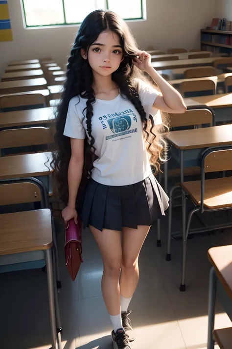 Em sala de aula estudante brasileira, Long black and curly hair stands on her feet holding school supplies. A menina jovem de 15 anos se chama Ana