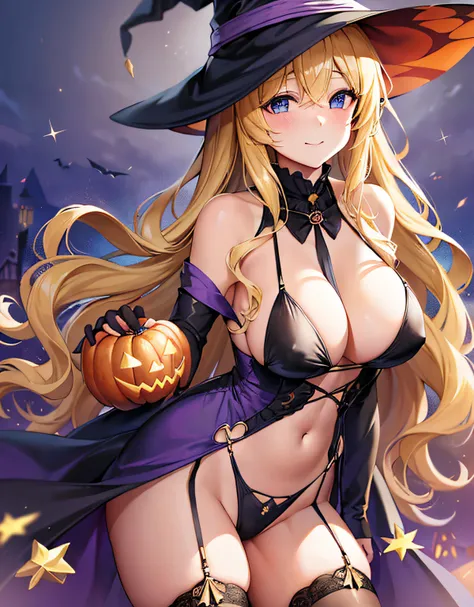 high-level image quality、top-quality、Beautuful Women、1 persons、ssmile、embarassed expression、pony tail hair、swim wears、knee high、Halloween Party、Halloween Cosplay、cinematlic lighting、Beautiful and perfect legs, Clean and perfect hands、Lots of jack-o-lantern...